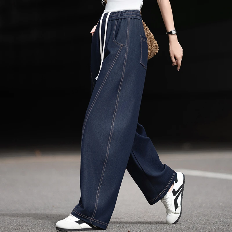 丹宁蓝休闲裤女士裤子女款春秋2026新款松紧腰镰刀裤西装裤弯刀裤
