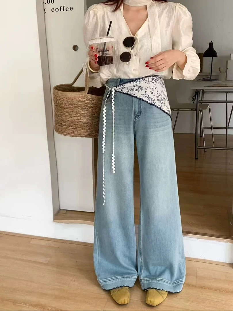 刺绣印花复古夏季牛仔裤拼接时尚无弹力阔腿裤直筒裤长裤蓝色