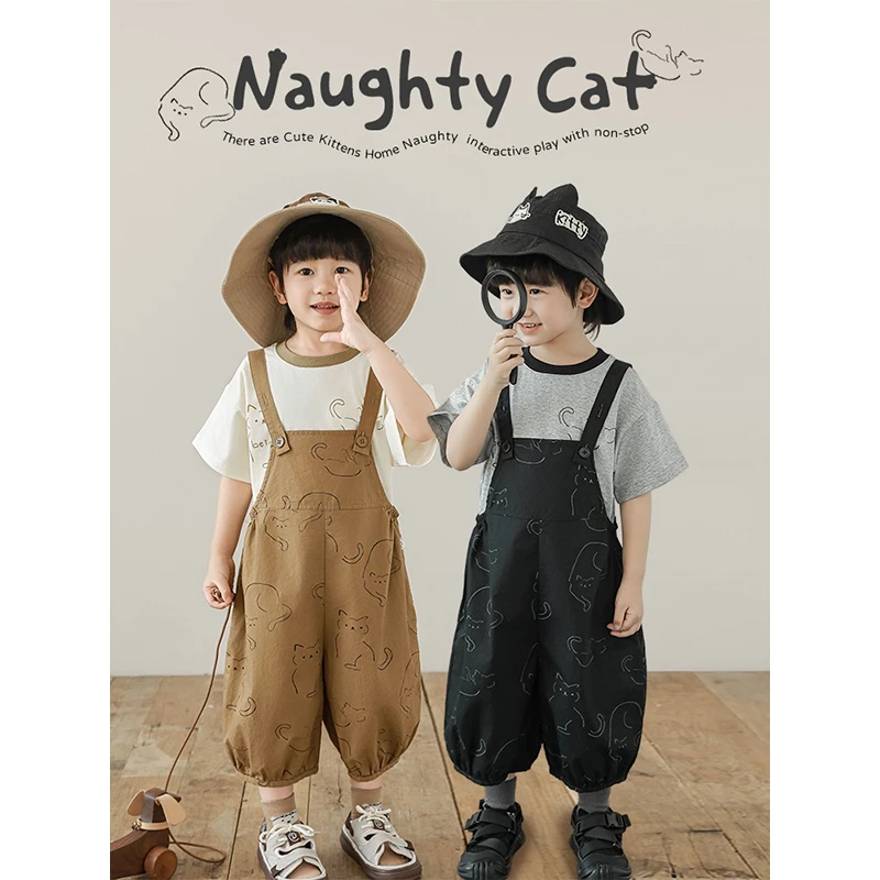 幼悠男童夏季新款猫咪满印亲肤轻盈背带裤透气轻薄儿童裤子N5891