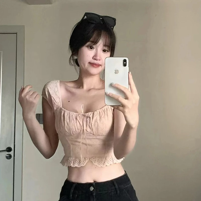 小海鸥上衣方领短款衬衫女夏小众娃娃衫甜美别致显瘦性感夏季法式