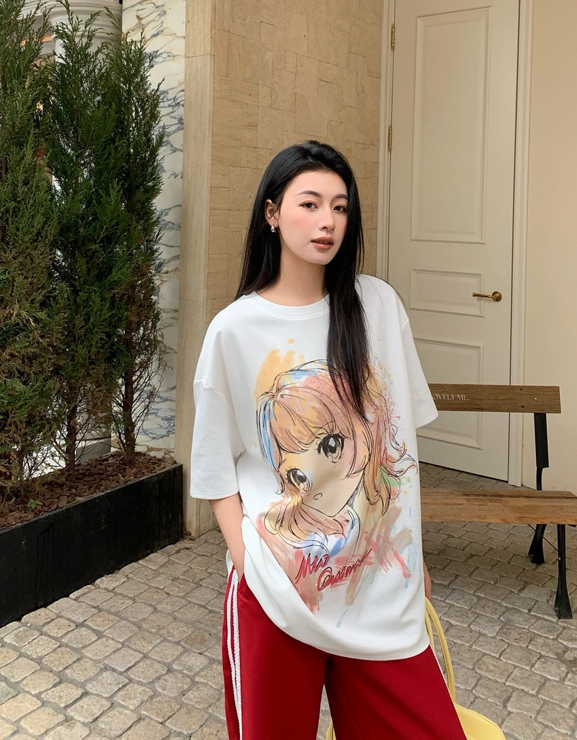 MtoQuinn｜25SS夏款上新彩绘线条漫画美少女短袖T恤宽松
