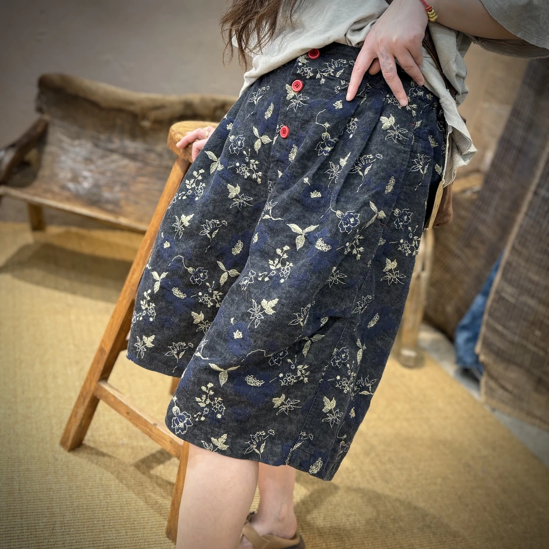 245192衣牧了然夏季色织提花纯棉宽松五分裤复古碎花文艺直筒短裤