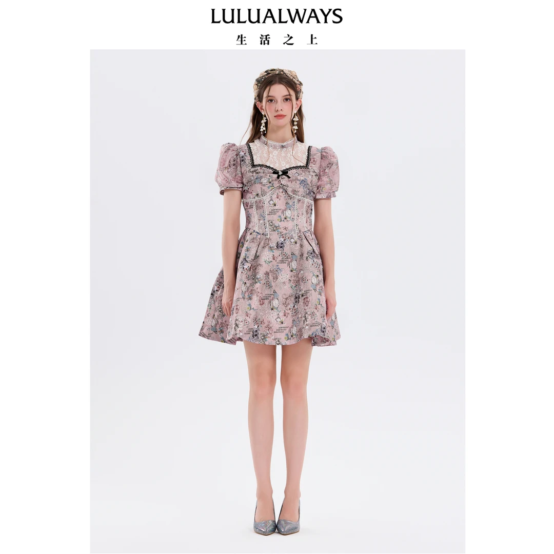 LULUALWAYS我爱露露25夏季新款复古优雅温婉心动蕾丝蓬蓬摆连衣裙