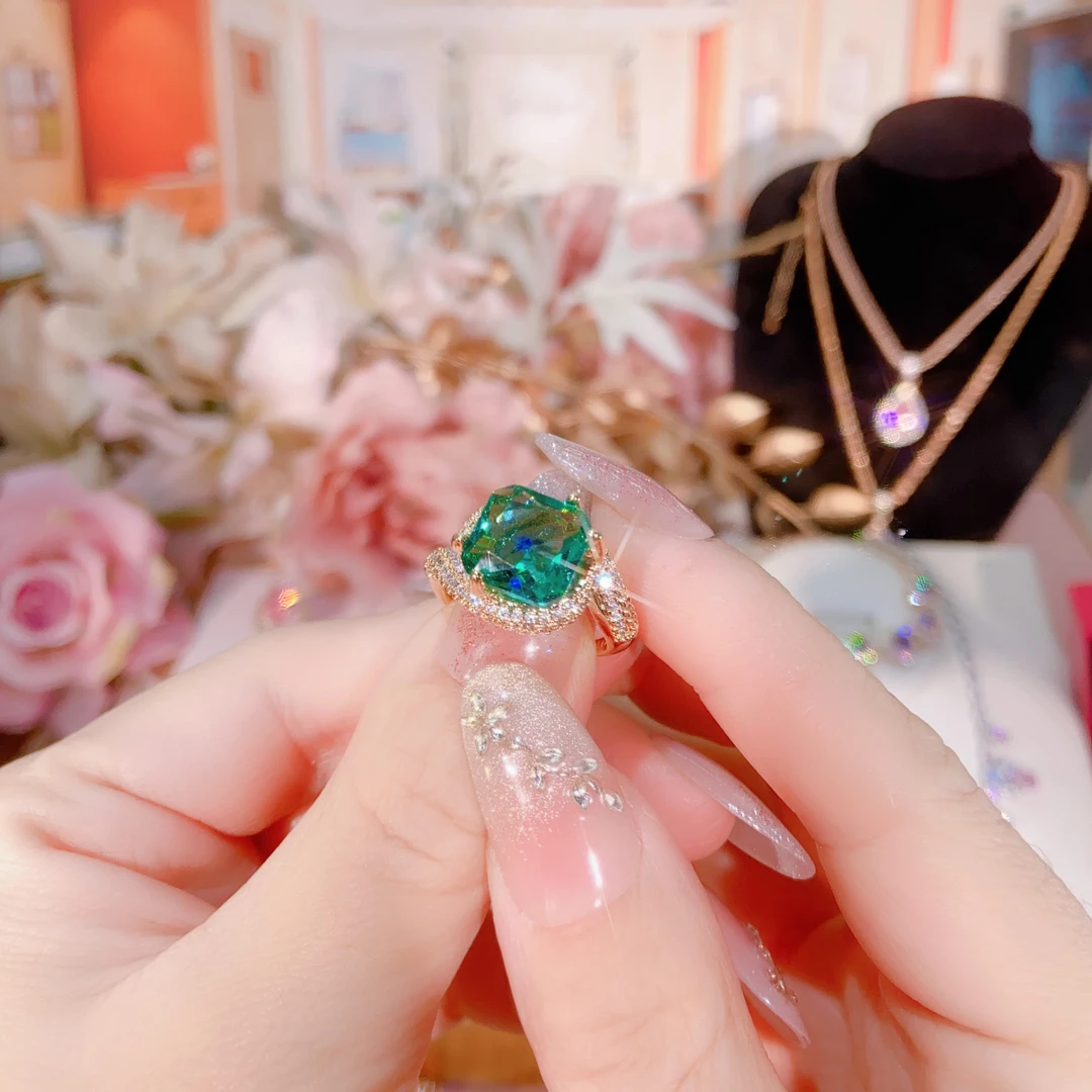 只此青绿戒指【豪镶翡冷翠】爆款满镶闪耀女王爆闪大气复古百搭小众