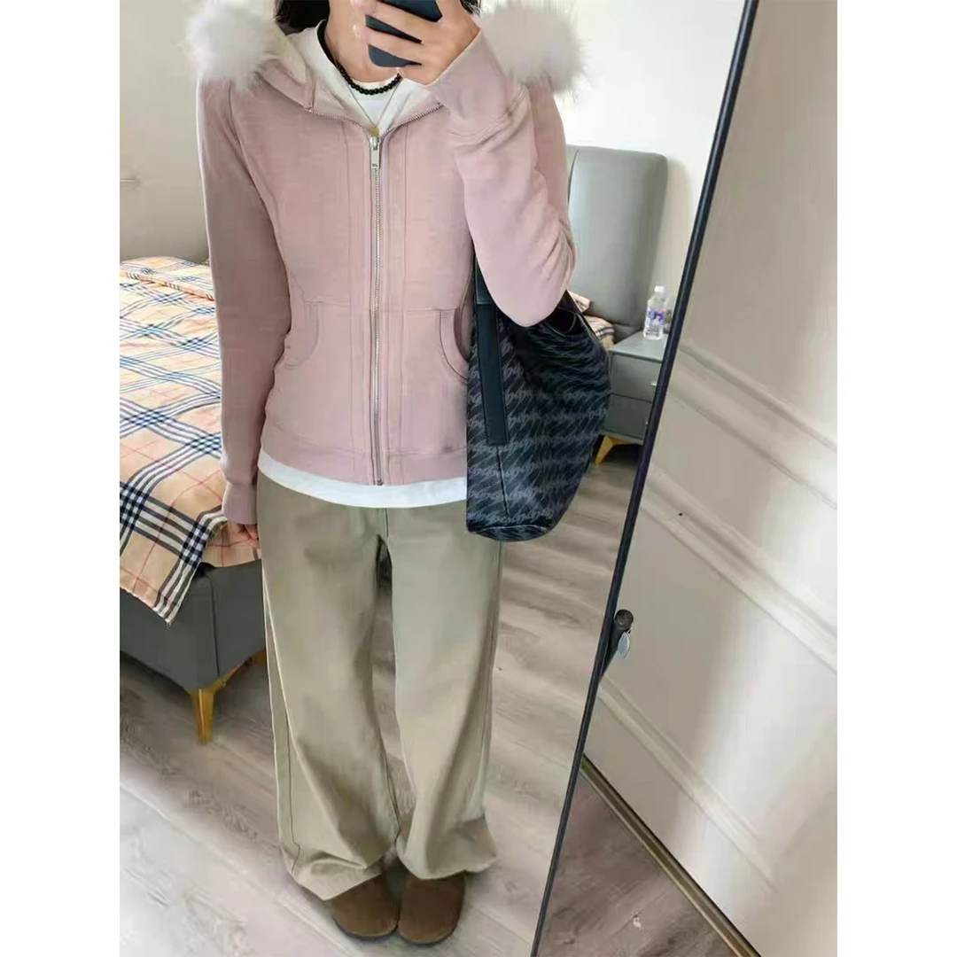 小众炸街高级感女装2025秋季新款粉色开衫上衣连帽毛领卫衣外套