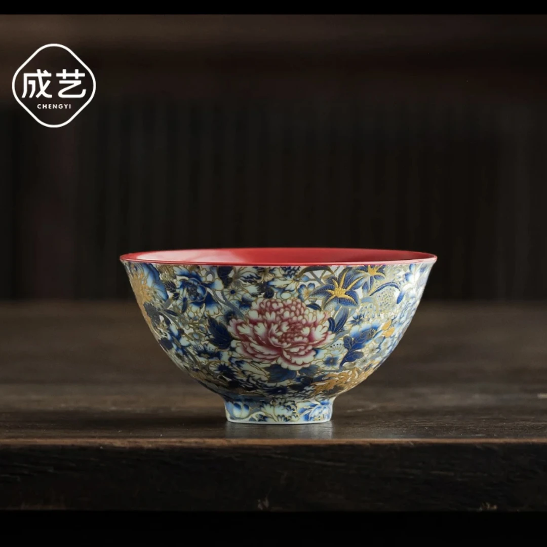 成艺万花银锦个人中国红陶瓷主人杯高端功夫茶具斗笠茶杯品茗器具