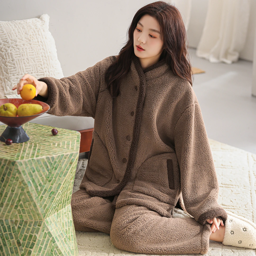 琥珀流光 高定睡衣 女秋冬季珊瑚绒家居服法兰绒加厚款加绒套装