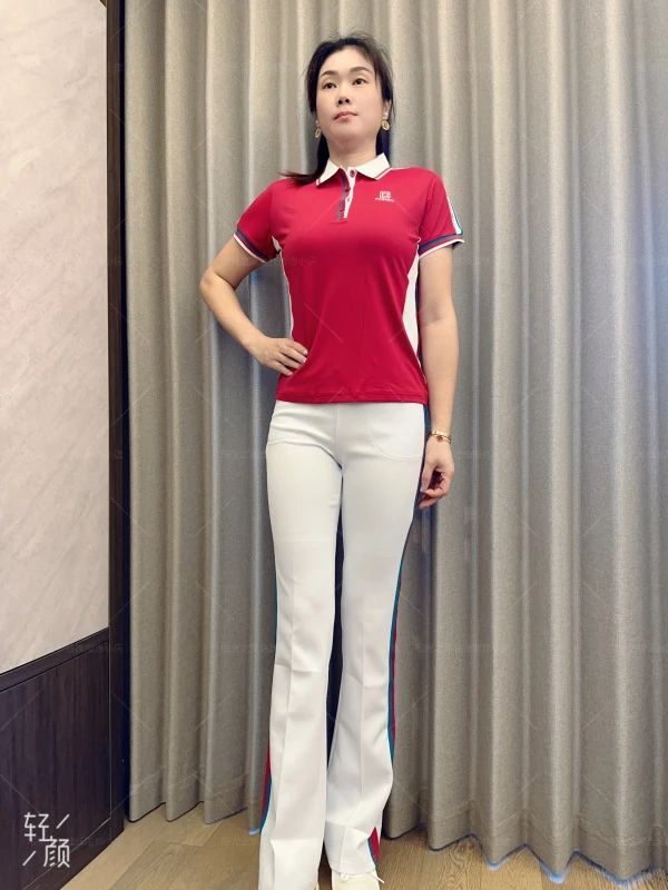 上石榴红洋气休闲速干长袖翻领修身显瘦短袖套装女款时尚夏季运动