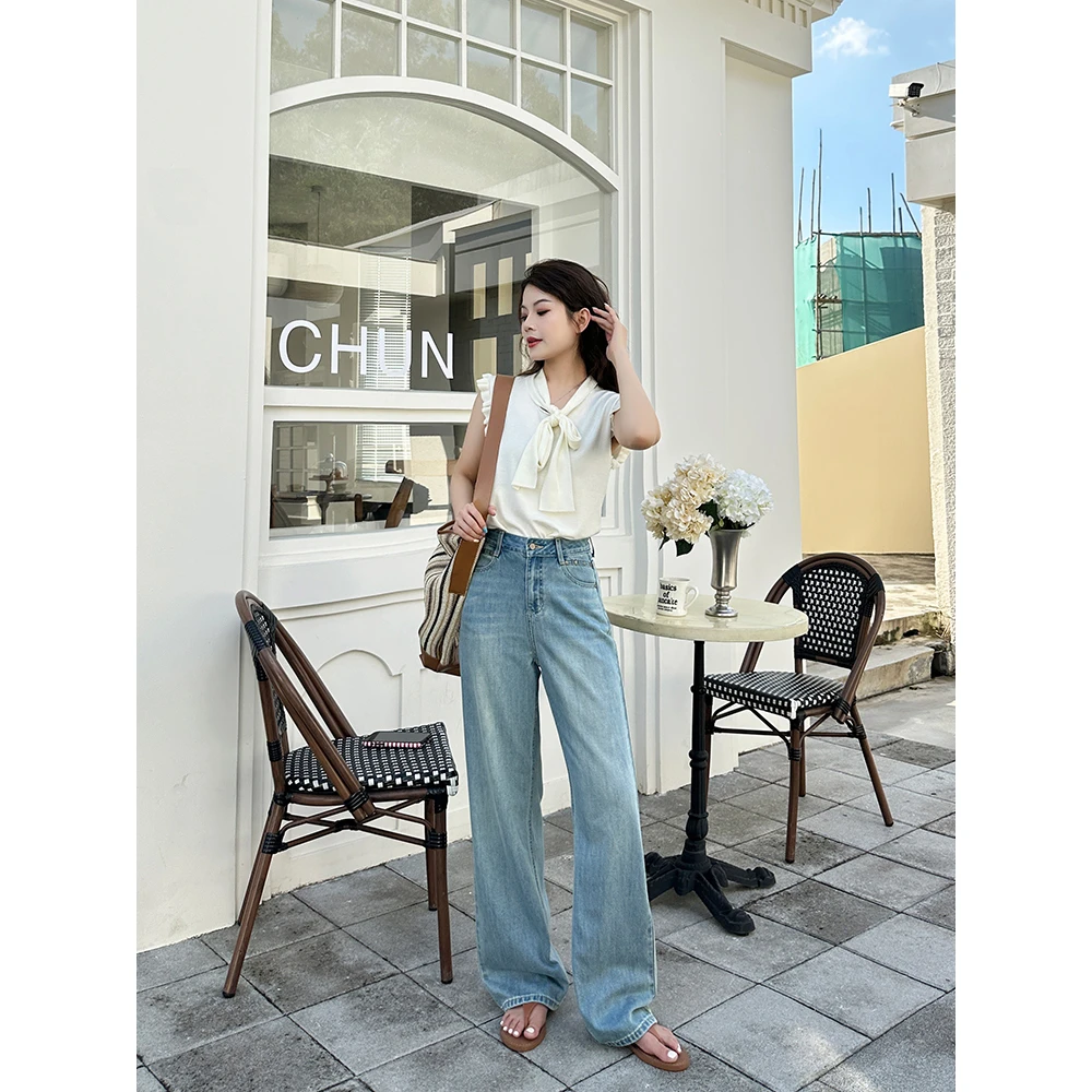 2025夏季新款莱赛尔中高腰设计复古显瘦宽松直筒垂感阔腿牛仔裤女