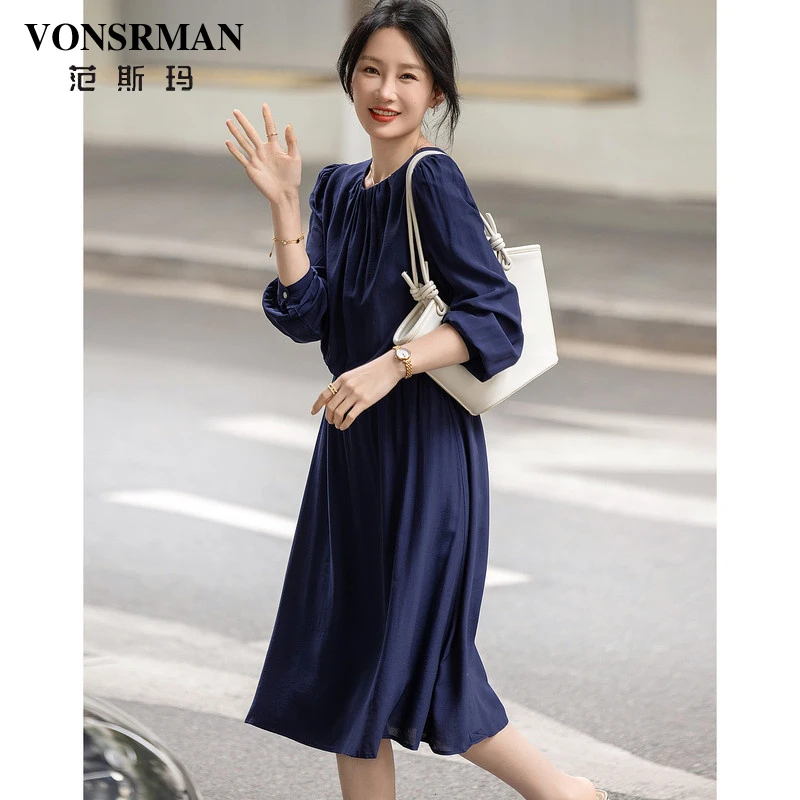 法式优雅长袖洋装女2025春秋新款纯色圆领收腰显瘦气质中长裙子