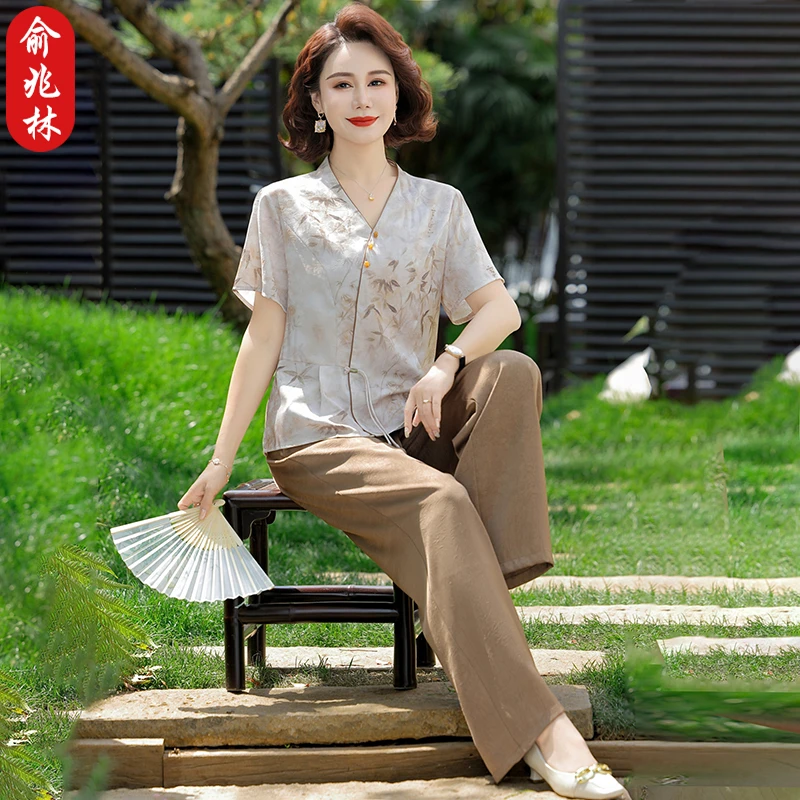 俞兆林妈妈新中式夏装洋气国风小衫新款中老年人女装夏季雪纺套装