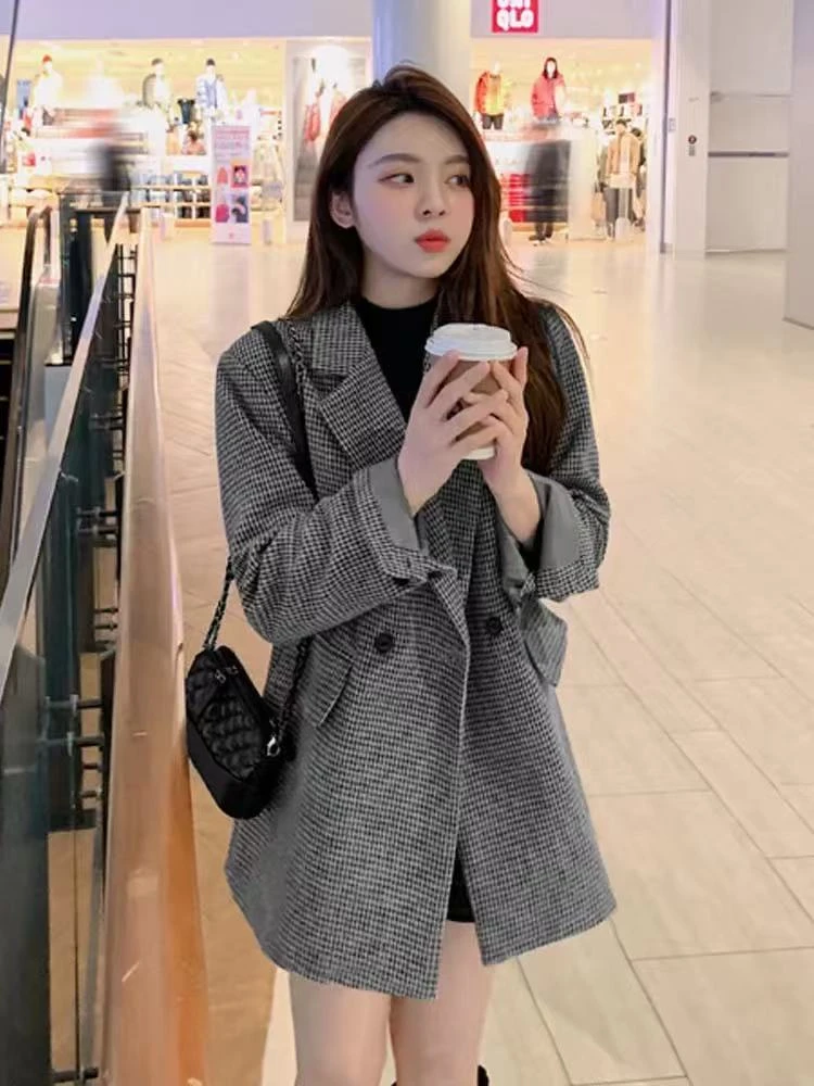 7817 格子毛呢外套女冬收腰韩系高级感大衣