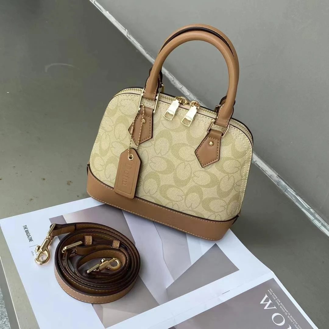 开口笑贝壳单肩通勤风复古风字母斜挎包手拎包拼色竹节腋下包棕色