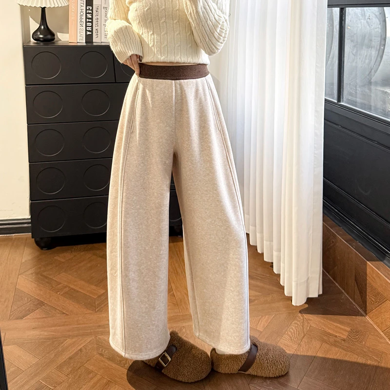 小个子仿羊绒阔腿裤女秋冬加绒高腰垂感2025新款休闲宽松气球裤子