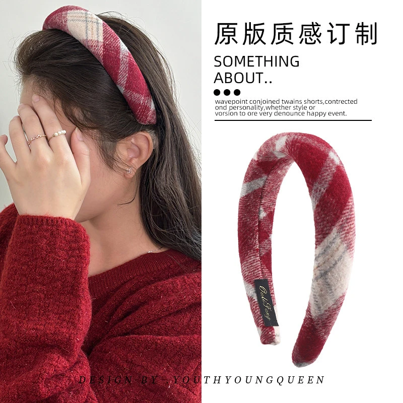 圣诞新年气质红色格纹毛呢发箍女秋冬新款红宽边头箍高颅顶发饰品