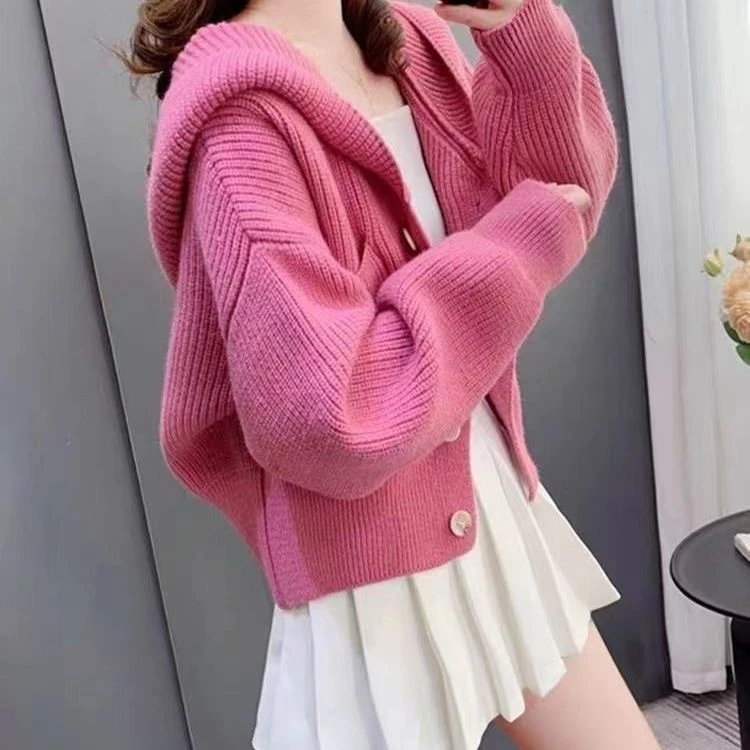 5489人收藏温柔连帽毛衣长袖外套上衣秋冬宽松新款外穿短款别致