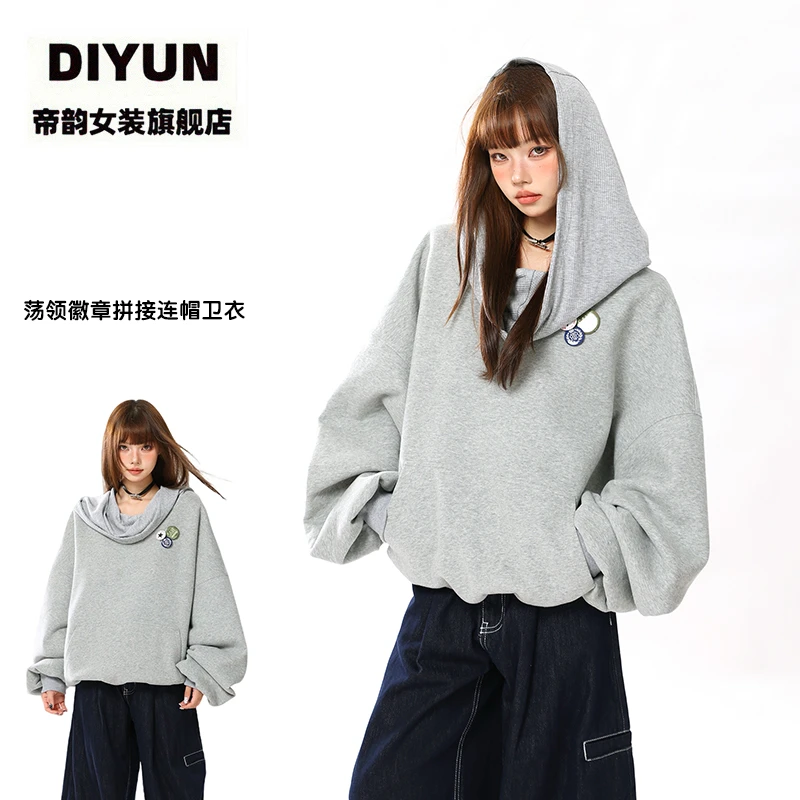 【帝韵】韩系荡领徽章拼接连帽卫衣女秋冬新款宽松慵懒加绒加厚上衣