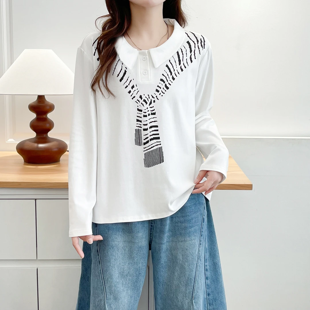 大码胖mm翻领拼接印花长袖正肩t恤女春秋新款polo领宽松显瘦上衣