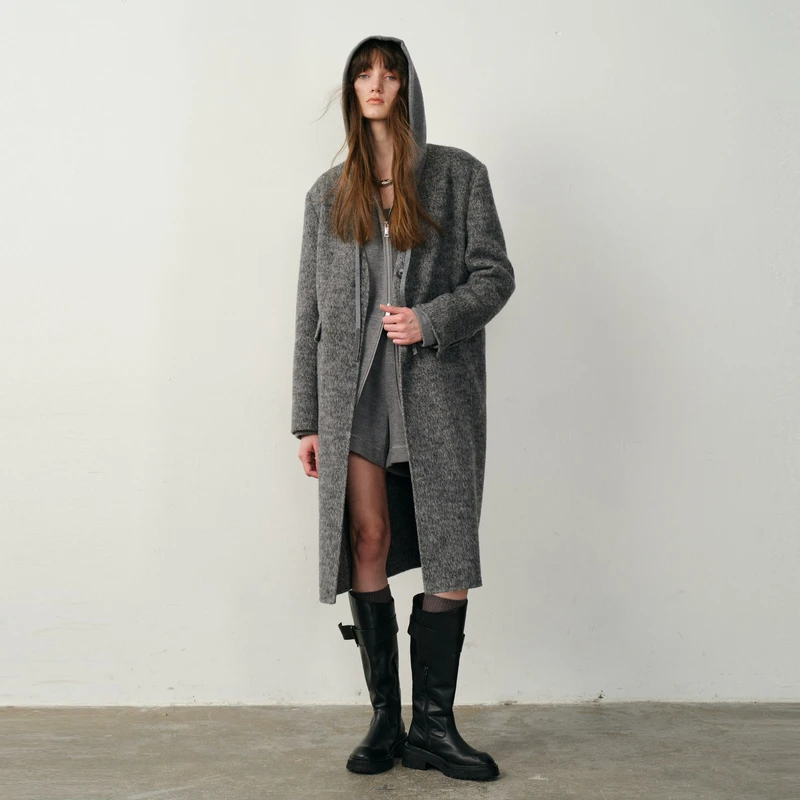 U/TI 围脖款设计感桑蚕丝高定混纺花灰色中长款羊毛双面呢大衣