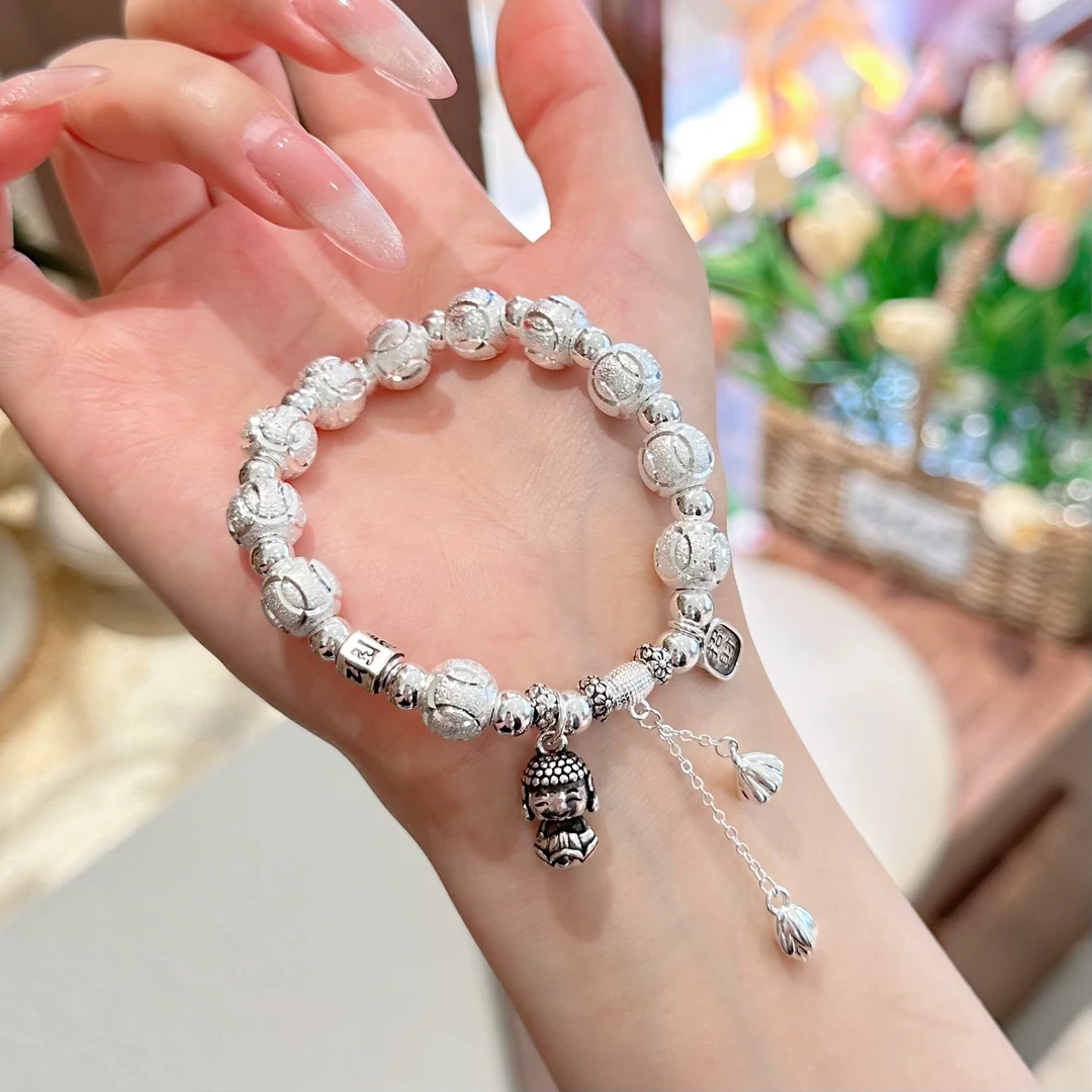 足银硅胶手链 足银手链女复古莲花佛手绳六字真言招财暴富手串情