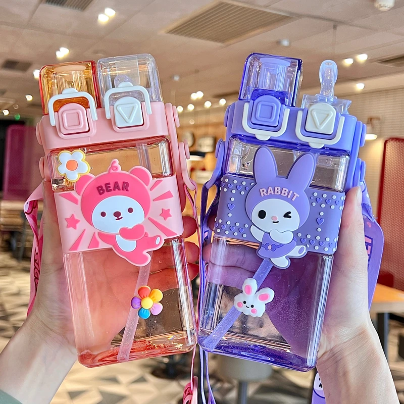 儿童双饮水杯学生新款女生带吸管杯子便携幼儿园上学专用方形水壶