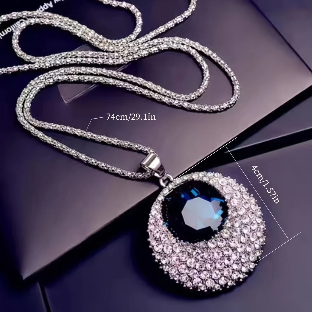 铜合金项链 时尚轻奢蓝色圆形满钻毛衣链