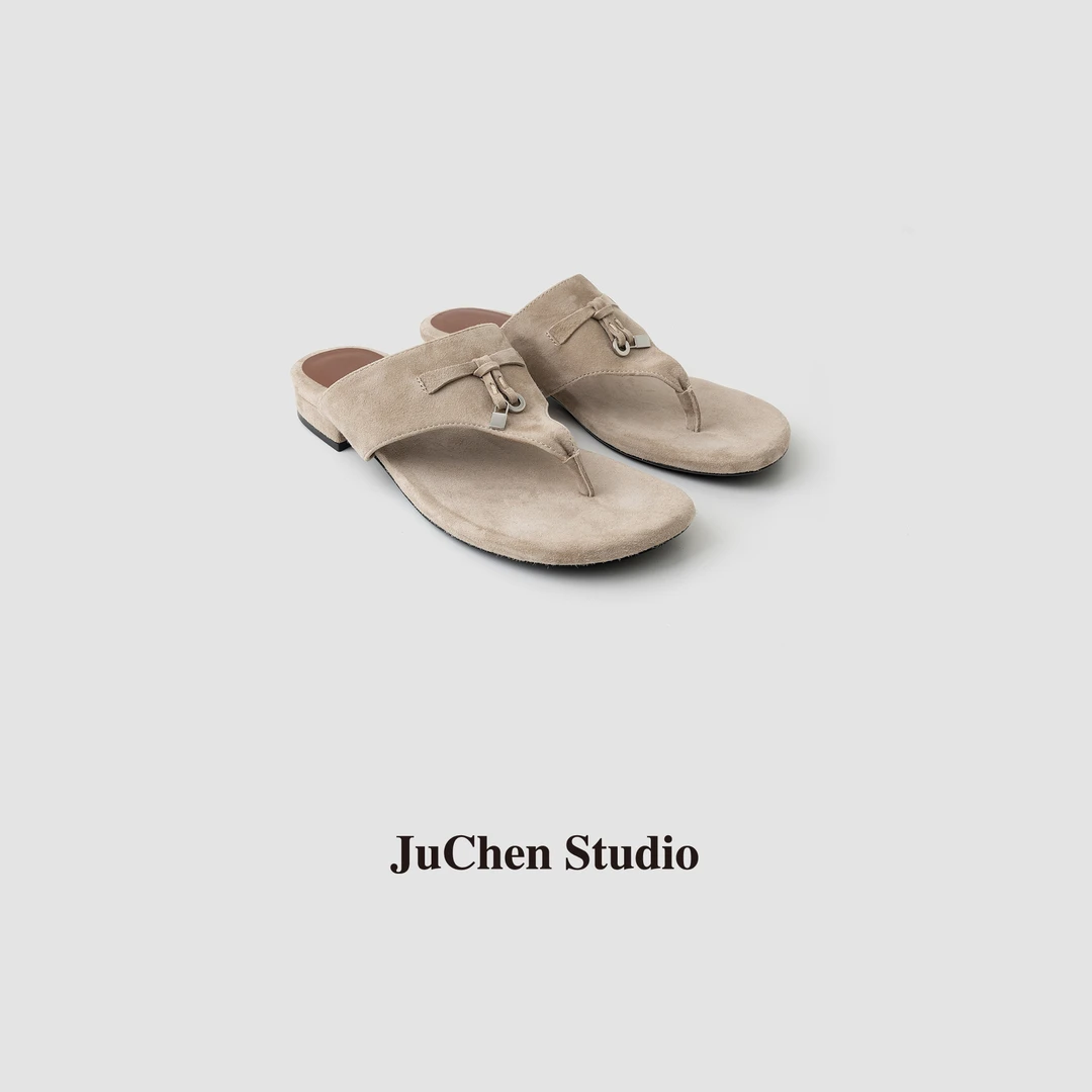 老钱人字拖反绒金属扣粗跟增高夹趾凉拖XZ504002-169