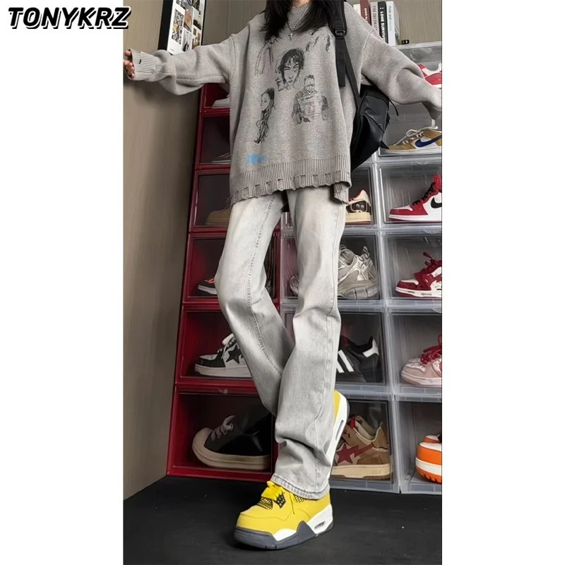 TONYKRZ烟灰色微喇牛仔裤男cleanfit弯刀裤子美式痞帅vibe直筒裤