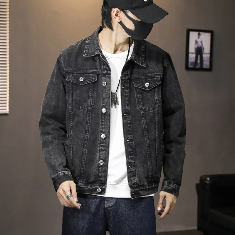 PONDEHEFOT普丹希斐秋季新款黑色男士牛仔外套工装休闲夹克复古