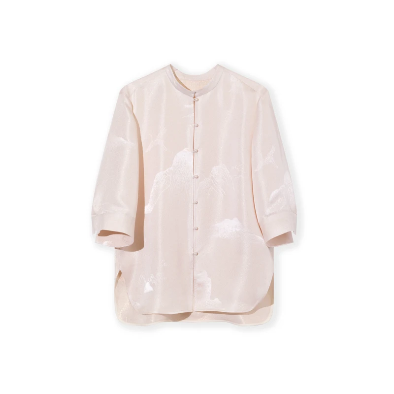 正绢彩通开襟七分袖短袖小立领衬衫上衣H25275