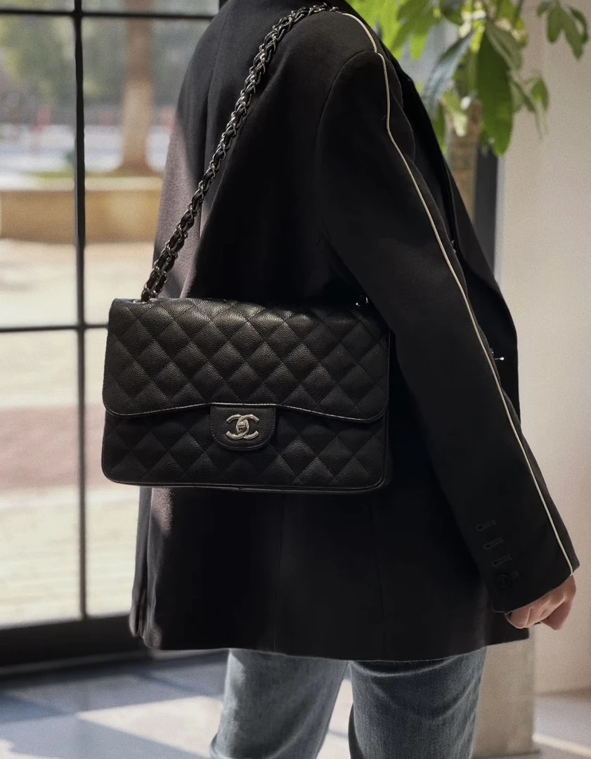 95新 Chanel/香奈儿 3311 黑银jumbo荔枝皮单肩包12-13