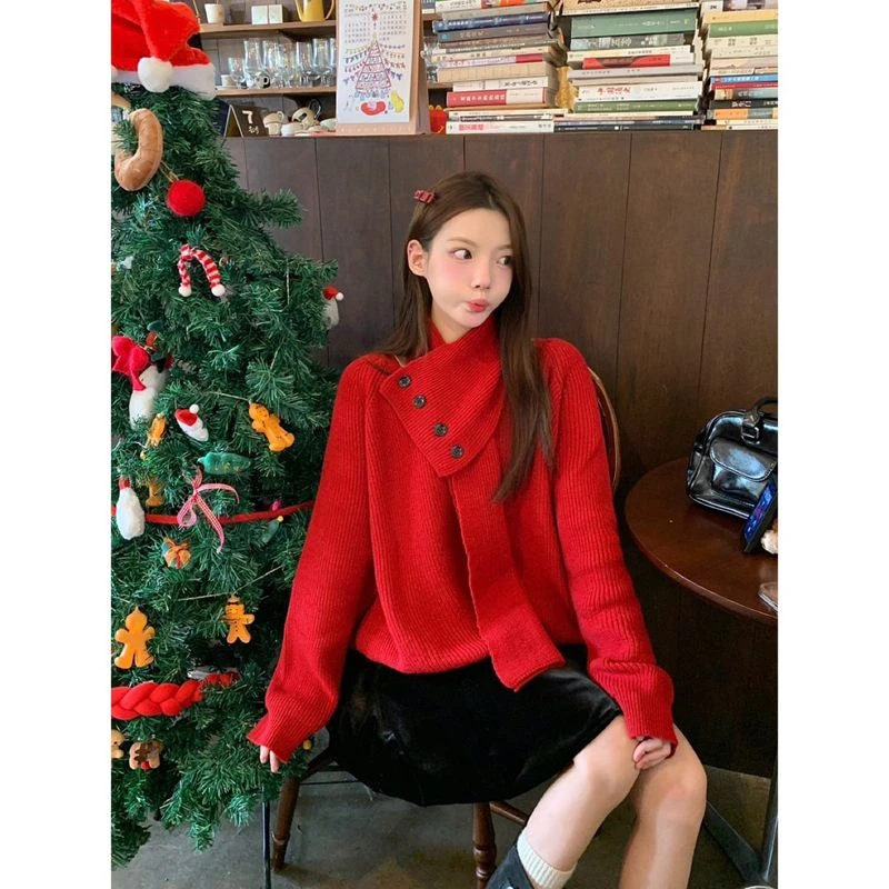 氛围感红色围脖毛衣女宽松外穿秋冬软糯温柔风上衣套头洋气针织衫