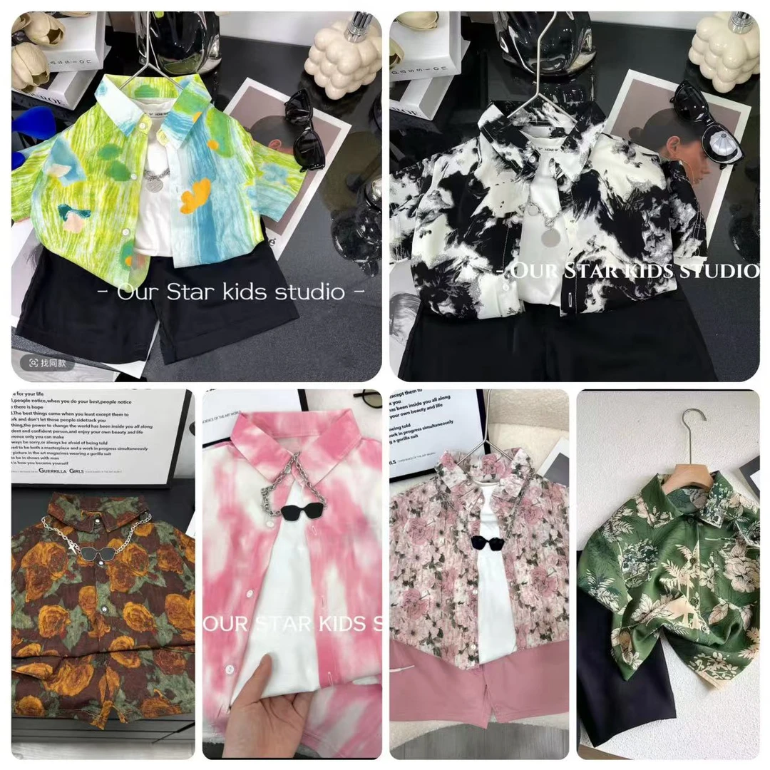 【缤纷一夏】夏季薄款潮衬衫短袖中小童复古痞帅时尚印花衬衫套装