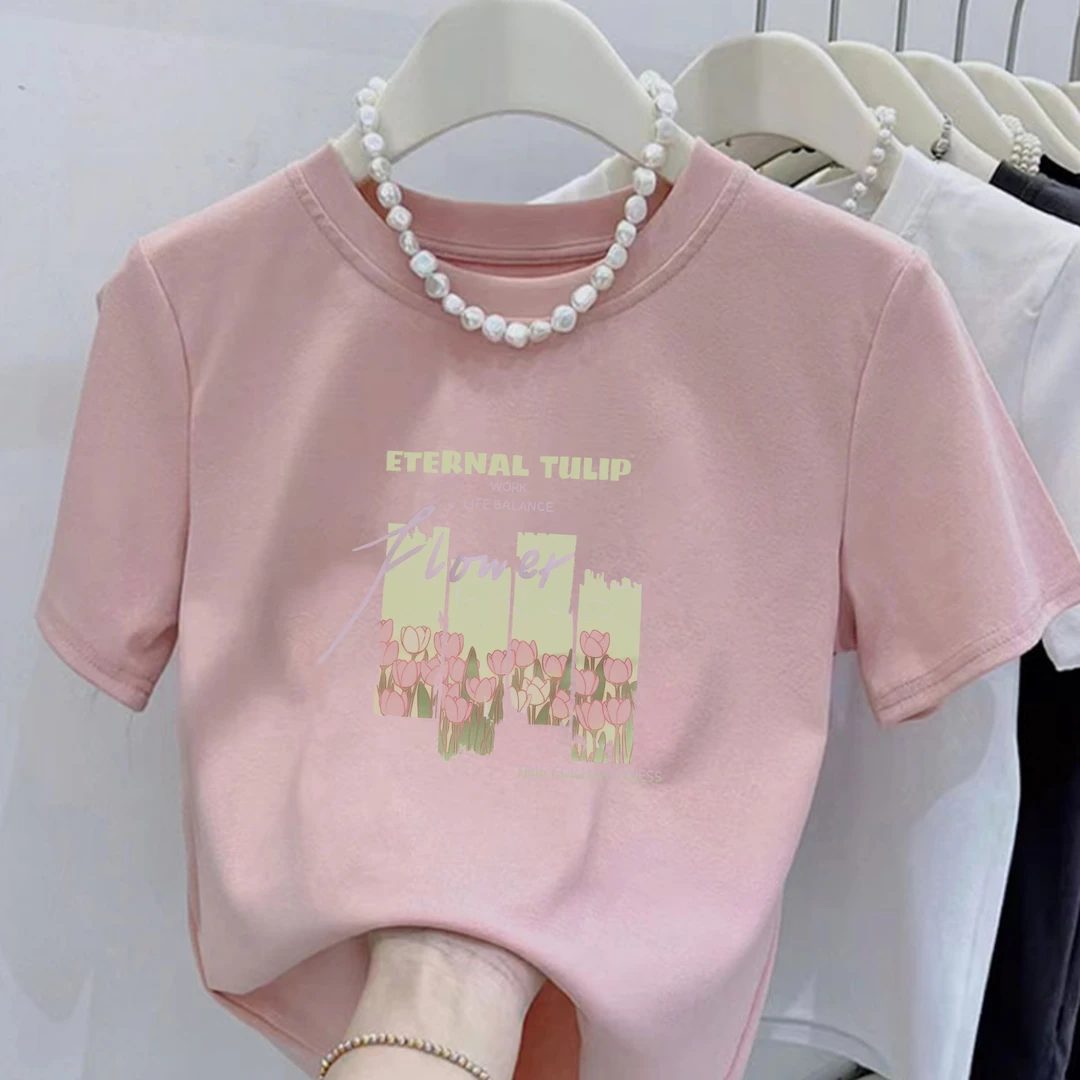 新款圆领绿粉郁金香印花纯棉短袖T恤女时尚小个子显瘦上衣