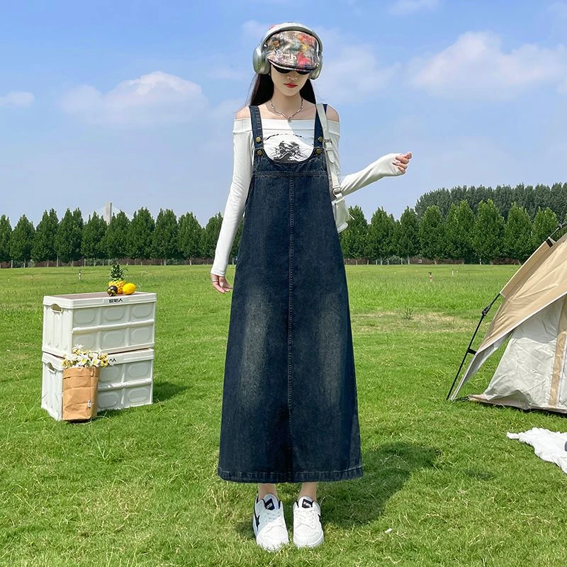 复古牛仔背带裙女春秋2025新款中长款宽松显瘦开叉盐系减龄连衣裙