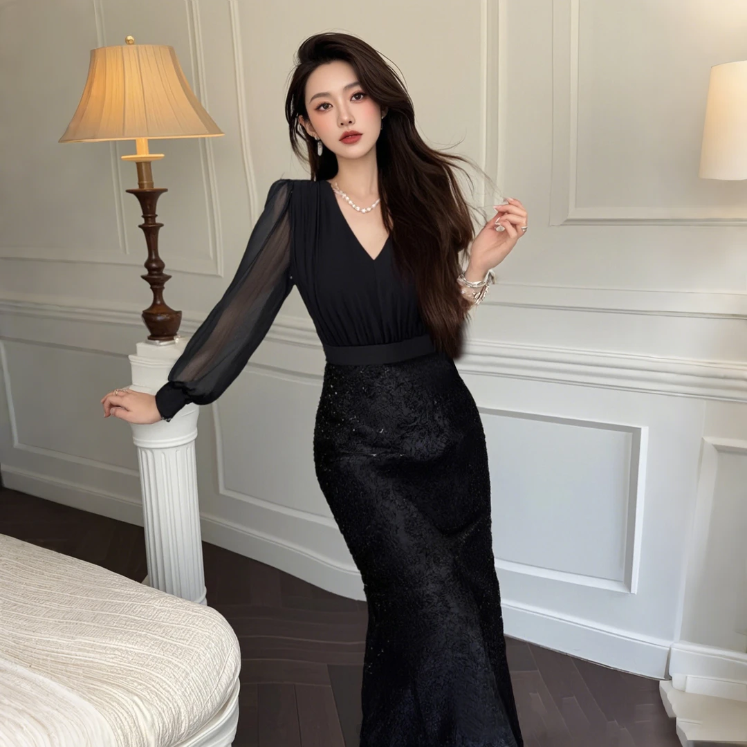 A【有里布】高端轻奢修身包臀蕾丝连衣裙黑色高级感长裙鱼尾裙D0590