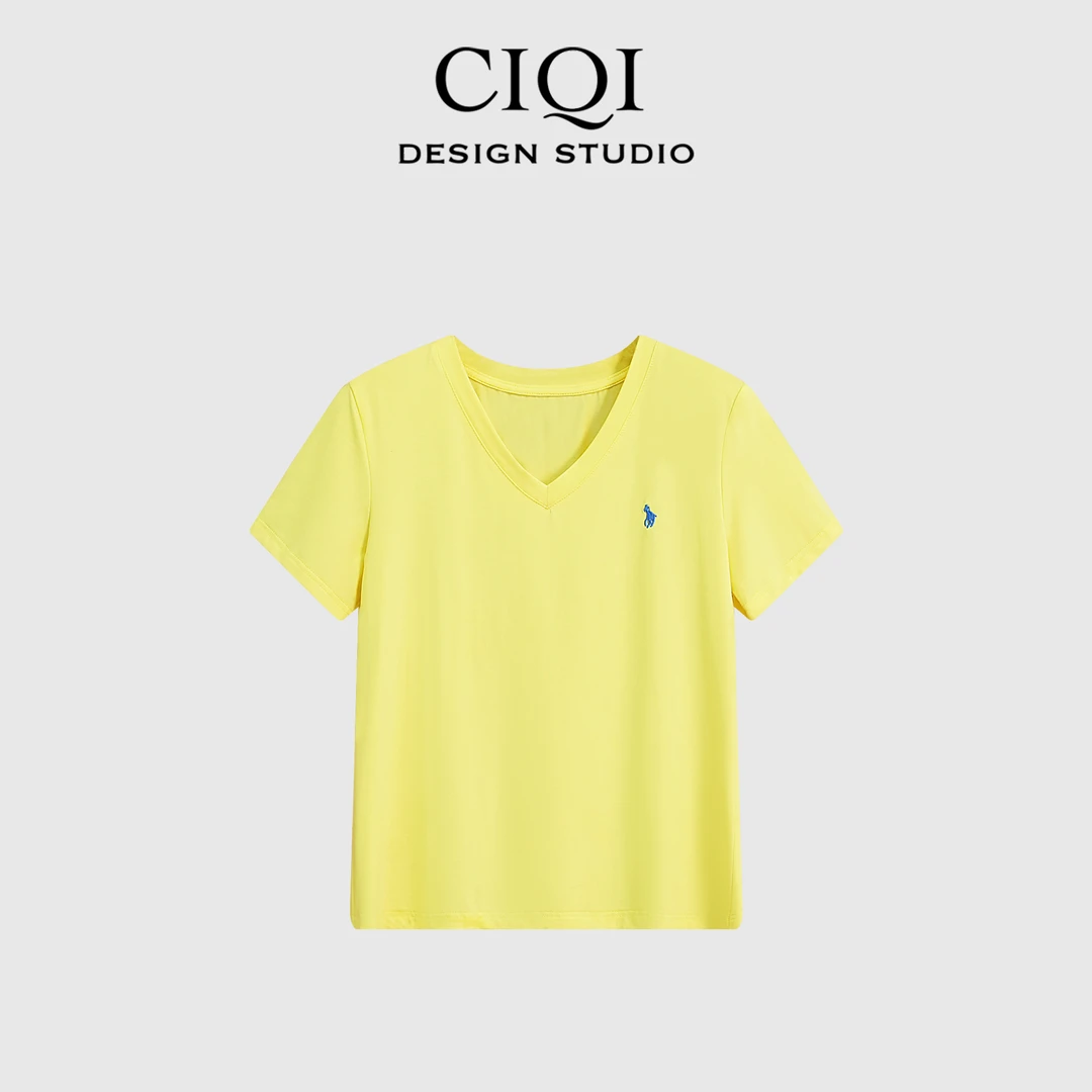 CIQI STUDIO【小马V领】夏季新款修身百搭刺绣V领赫本风T恤短袖9013