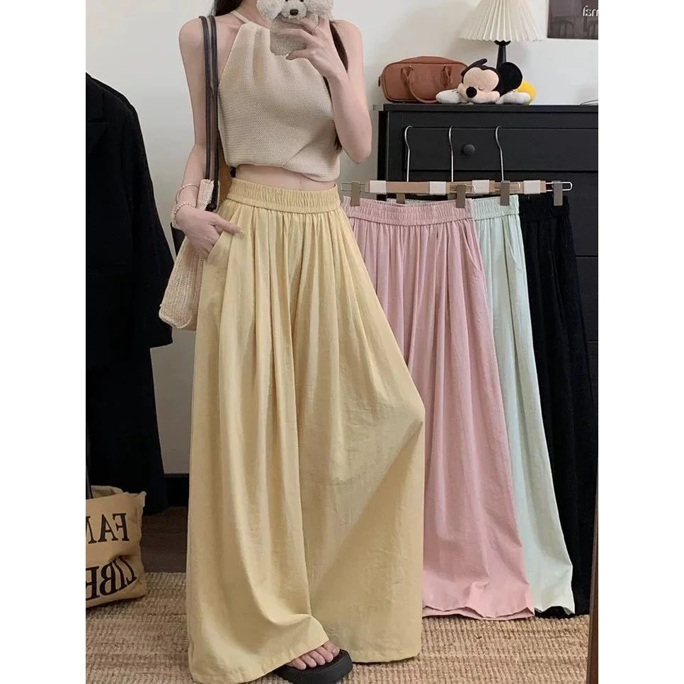 2025纯欲慵懒风女装裤子褶皱松紧高腰休闲裤女宽松显瘦拖地裤女款