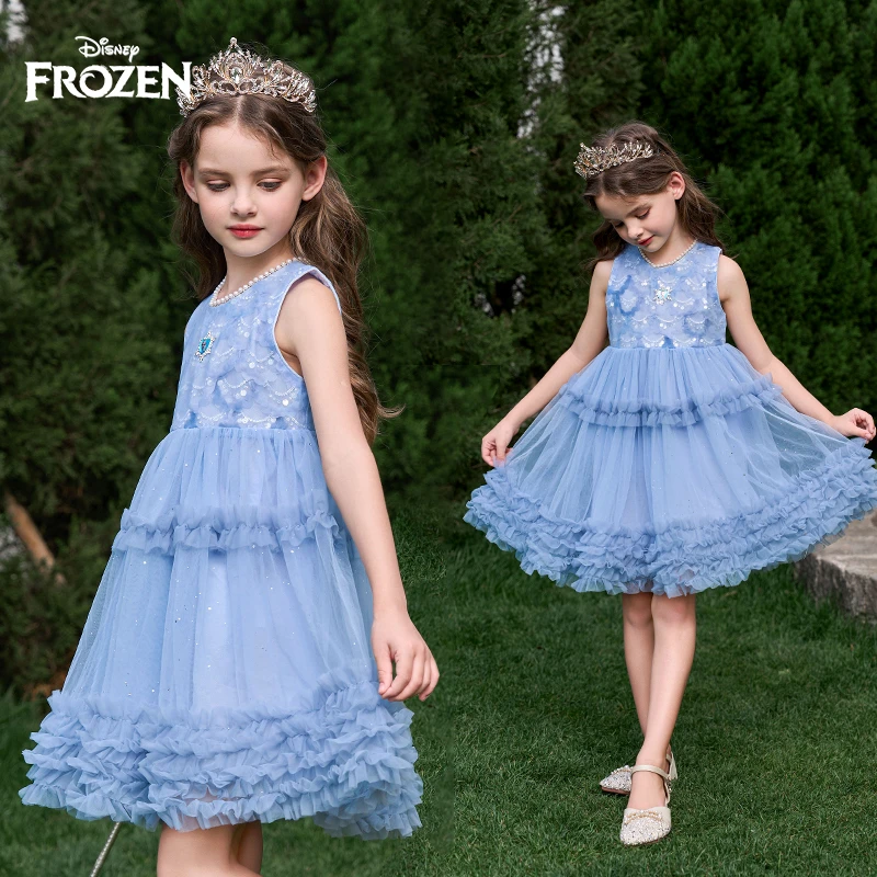 Disney/迪士尼冰雪奇缘夏季连衣裙2025年夏装礼服儿童蕾丝纱裙