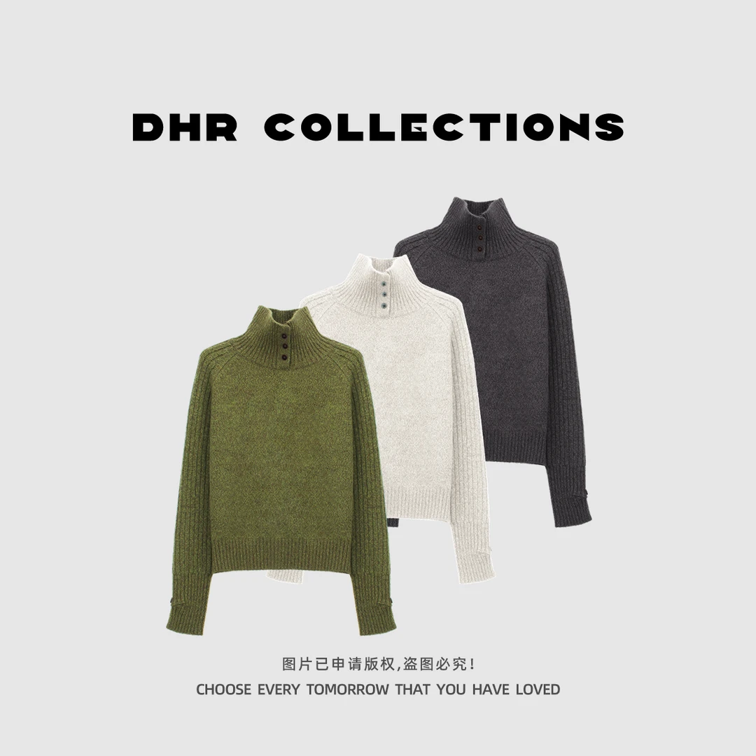 豆豆11【三粒扣】绵羊毛+兔毛韩版宽松百搭高领长袖针织衫-237625DM