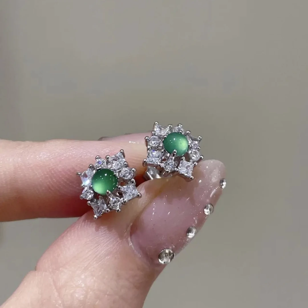 【金漾玉润】s925银镶嵌天然A货翡翠豆豆耳钉-多样性发一