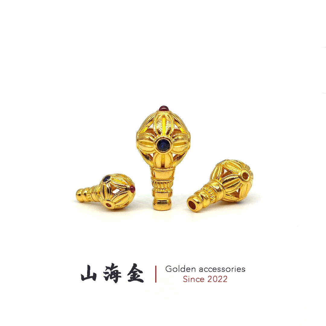 山海金 24K纯黄金999足金莲相三通佛头文玩手串菩提凤眼佛珠配饰