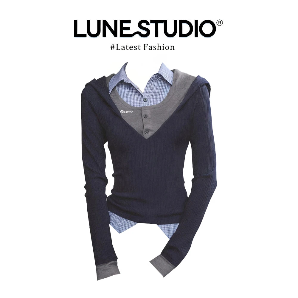 MARIE.COCO假三件美式长袖polo衫格子针织T恤女秋季显瘦上衣