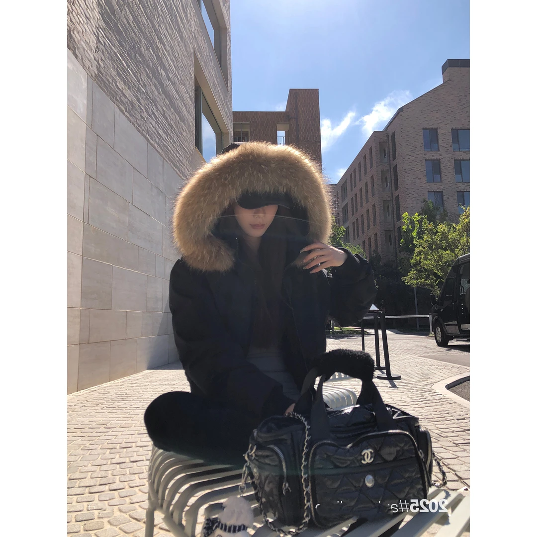 黑色大毛领白鸭绒羽绒服外套冬季短款加厚保暖连帽棉衣棉袄小个子