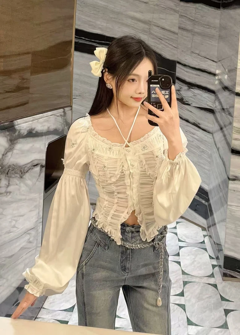 【DE MYSTERE】法式维多利亚蕾丝褶皱拼接设计感甜美白衬衫GZJ68150