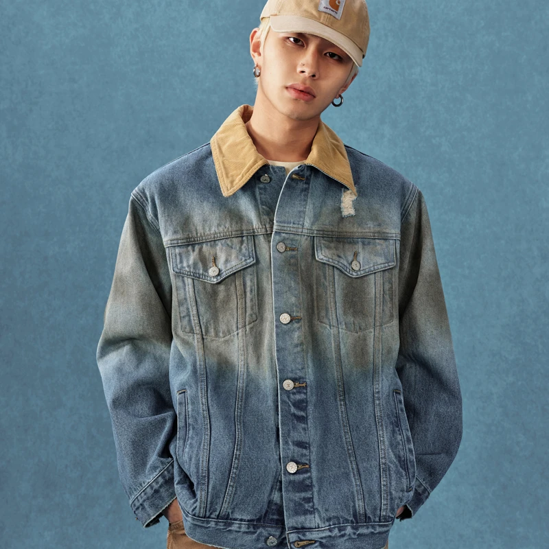 MEDM25SS灯芯绒领染色牛仔夹克男士美式复古短款外套春秋翻领上衣