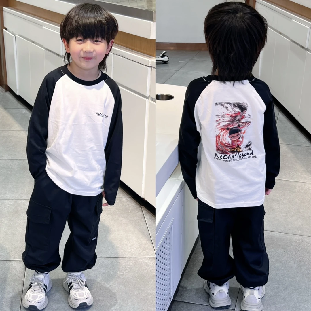 哪吒～儿童春季打底衫2025新款卡通撞色童装服饰男童韩版可爱长袖t