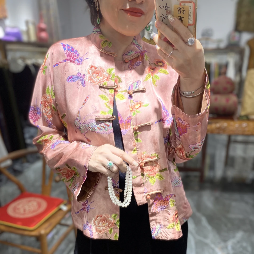 深圳原单新中式桑蚕丝香云纱提花外套国风撞色手工盘扣气质上衣