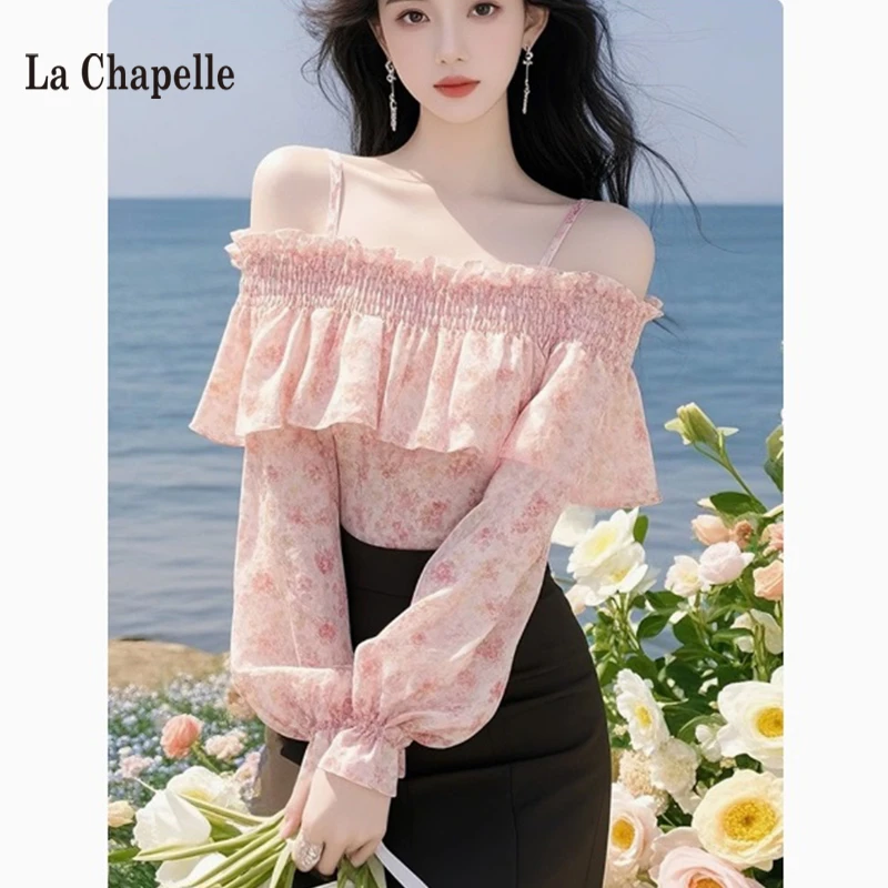 拉夏贝尔一字肩吊带碎花衬衫女今年流行的漂亮法式粉色衫上衣女