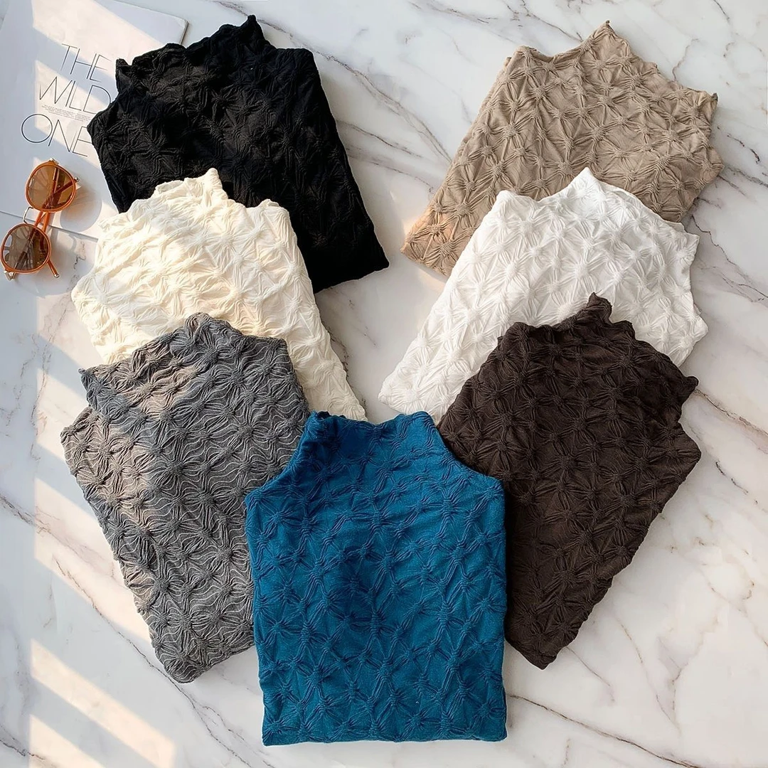 大码洋气内搭长袖秋冬半高领打底衫褶皱提花修身显瘦T恤上衣外穿